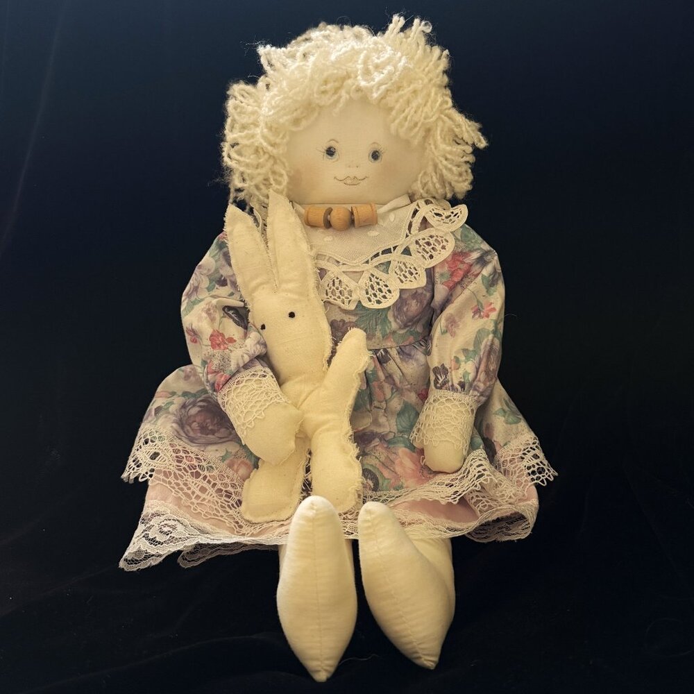 90s 16" Cloth Rag Doll Bunny Easter Hand Painted Face Cottage Shelf-sitter